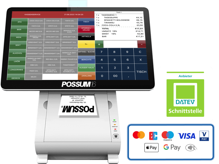 TAXOPOS Kassensoftware mit DATEV Schnittstelle und EC-Cash Kartenzahlung auf POSSUM16